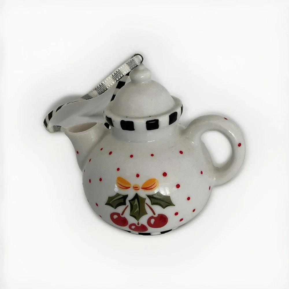 Mary Engelbreit Mini Teapot Ornament- White & Black & Red w/ Cherries Christmas